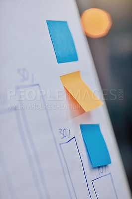 Buy stock photo Sticky note, data and board with chart, business or planning in office with bokeh on empty label. Paper, closeup and whiteboard with graph for statistics, analysis and reminder for brainstorming info