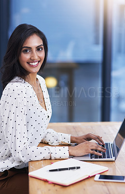 Buy stock photo Business woman, laptop and portrait in office for web project, career review online and email feedback on digital report. Editor or journalist and smile with tech for internet research on mockup