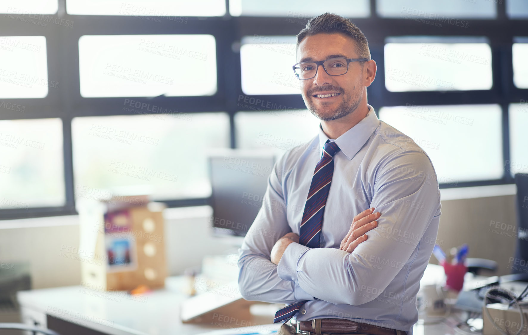 Buy stock photo Portrait, arms crossed and happy business man with company experience, pride and job in office. Face, confidence and expert manager, mature professional or sales advisor with glasses in Netherlands