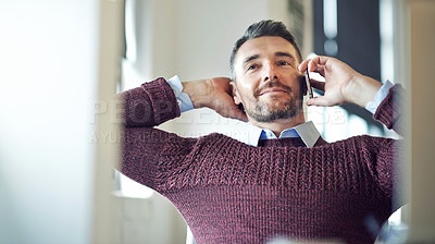 Buy stock photo Relax, phone call and businessman on chair thinking of  conversation or deal in corporate office. Mature, confident or entrepreneur with ideas on mobile communication for development or discussion