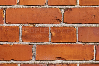 Buy stock photo Brick wall, cement and building with texture of exterior pattern, architecture and concrete design of home. Red stone, construction and mortar material for maintenance, vintage style and clay surface