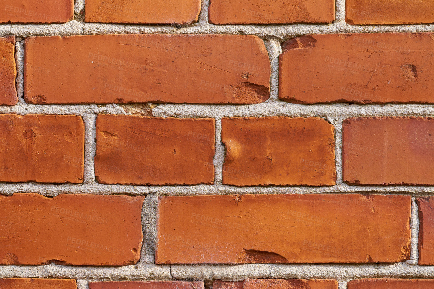 Buy stock photo Brick wall, cement and building with texture of exterior pattern, architecture and concrete design of home. Red stone, construction and mortar material for maintenance, vintage style and clay surface