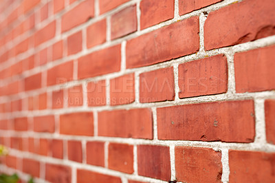 Buy stock photo Red stone, brick wall and architecture with texture of exterior pattern, building and concrete design of home. Closeup, construction and mortar material for maintenance, cement style and clay surface