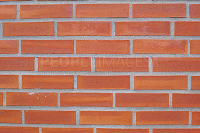 Buy stock photo Brick wall, cement and architecture with texture of exterior pattern, building and concrete design of home. Red stone, construction and mortar material for maintenance, vintage style and clay surface