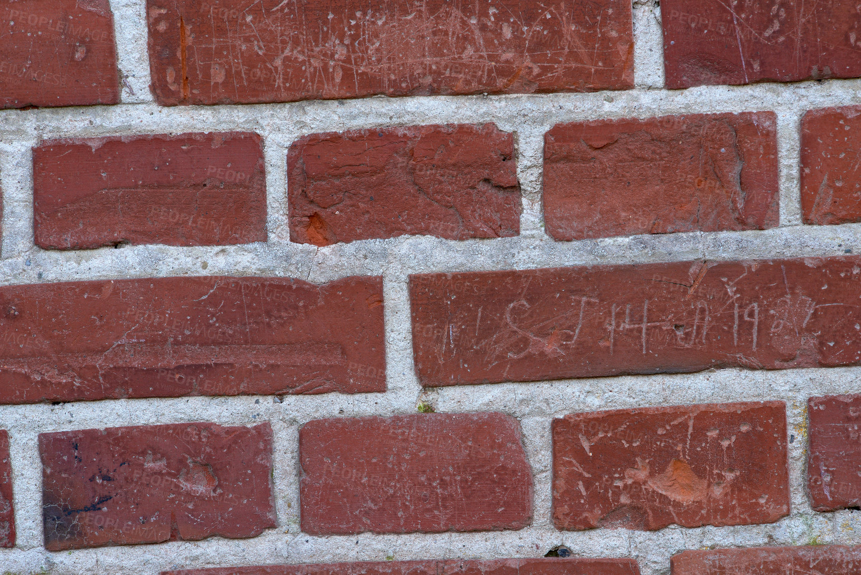 Buy stock photo Scribble, writing and scratch on brick wall of building in city for background, pattern and exterior design. Construction, architecture and closeup of words or texture on stone, concrete and cement