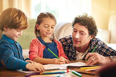 Buy stock photo Father, kids and colour pencils for parenthood, fun learning and bonding on holiday or weekend. Dad, children and sibling with book stationery in lounge for drawing indoor activities with in home