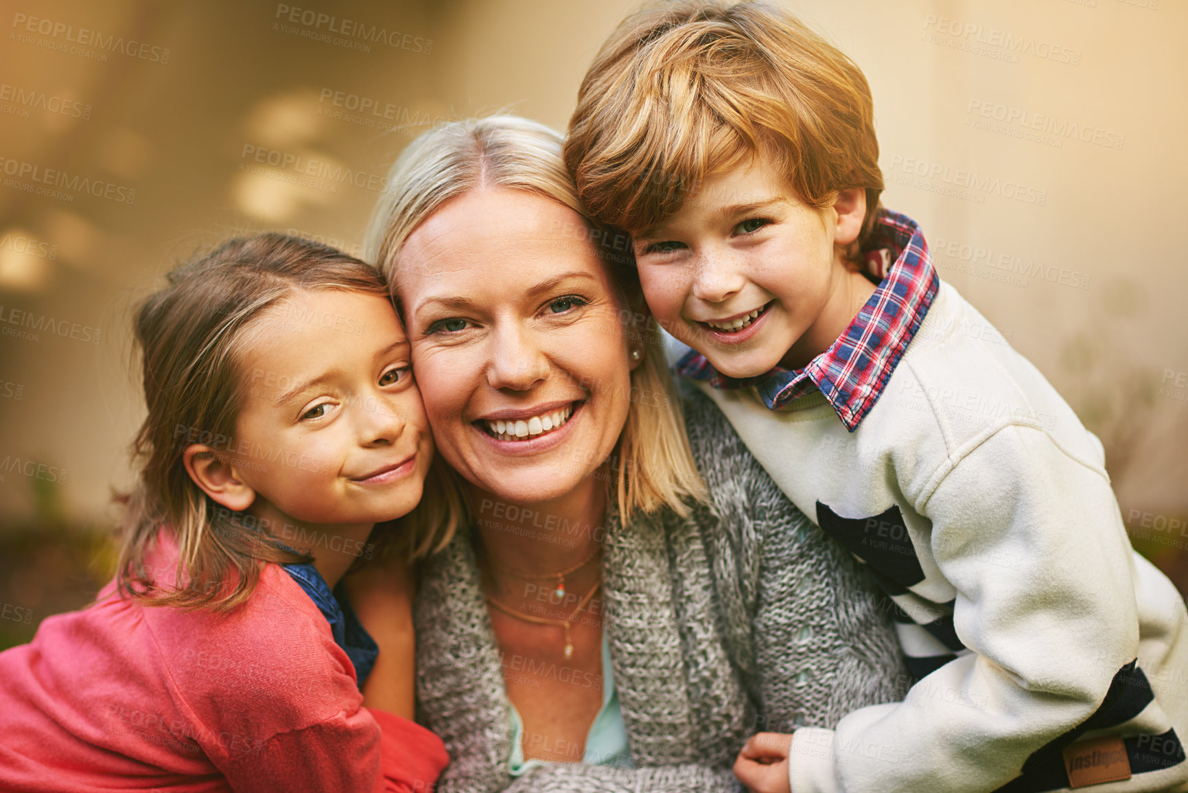 Buy stock photo Mother, portrait and children in backyard for love with bond, happiness and together. Family, happy mom and face of young kids with smile in outdoor for weekend with hugging, relax and relationship