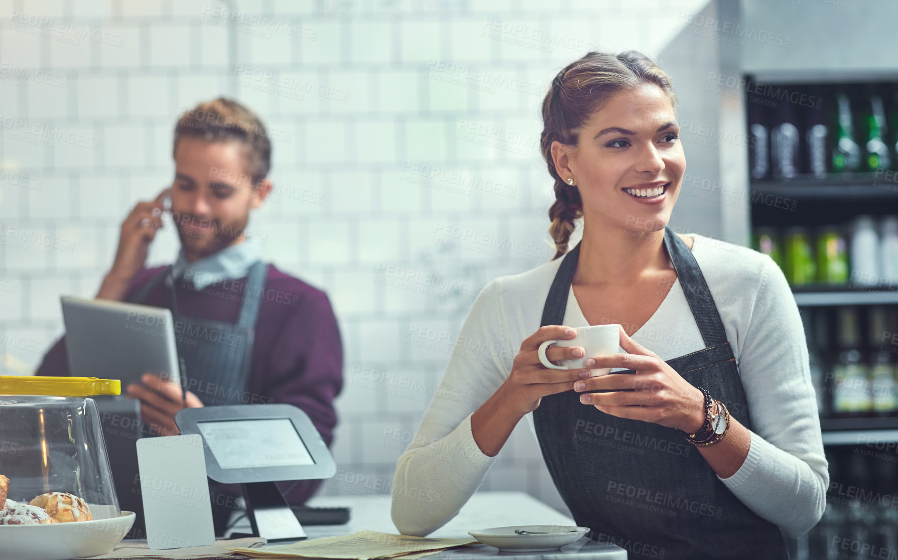 Buy stock photo Happy woman, coffee or break with barista at cafe for morning, beverage or drink at indoor restaurant. Young, female person or waitress with smile for caffeine latte or cappuccino on counter at store