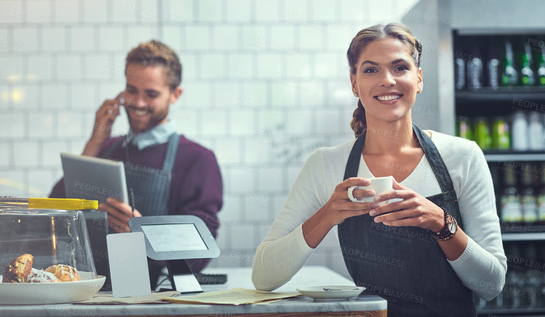 Buy stock photo Coffee, happy and portrait of woman barista in cafe at checkout register in morning for opening. Smile, confident and female waitress or server drinking caffeine, cappuccino or latte at restaurant.