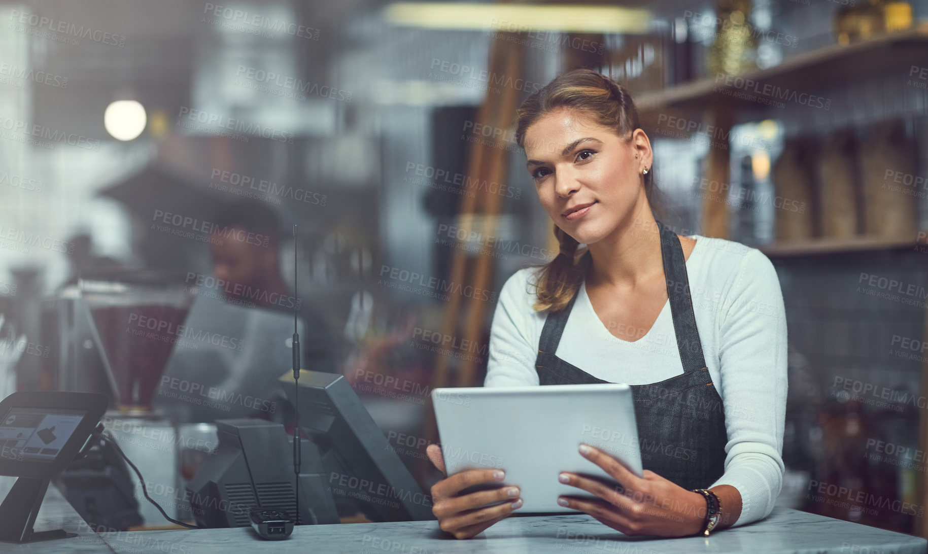 Buy stock photo Tablet, woman and portrait of barista in coffee shop for online menu update or stock control. Serving industry, cafe and female waitress with digital technology for inventory report in restaurant.