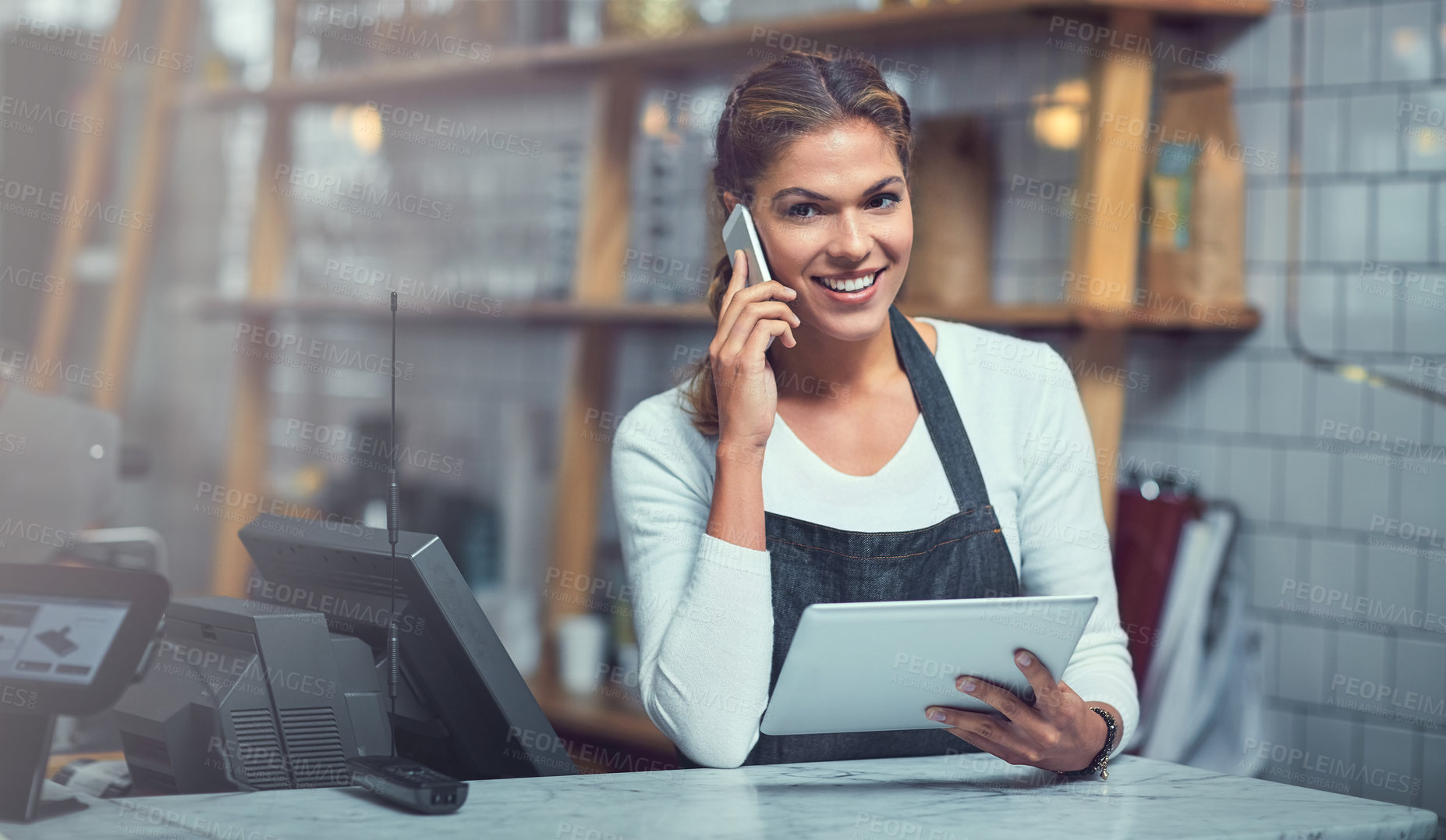 Buy stock photo Woman portrait, cafe and phone call on tablet, small business and talk to customer with online order. Female person, coffee shop and waitress for food delivery or takeaway, networking and help client