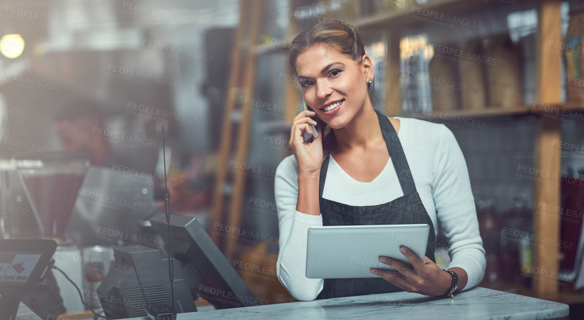 Buy stock photo Woman, portrait and phone call on tablet, cafe and talking to customer with online order. Female person, coffee shop and waitress for food delivery or takeaway, networking and helping client on app