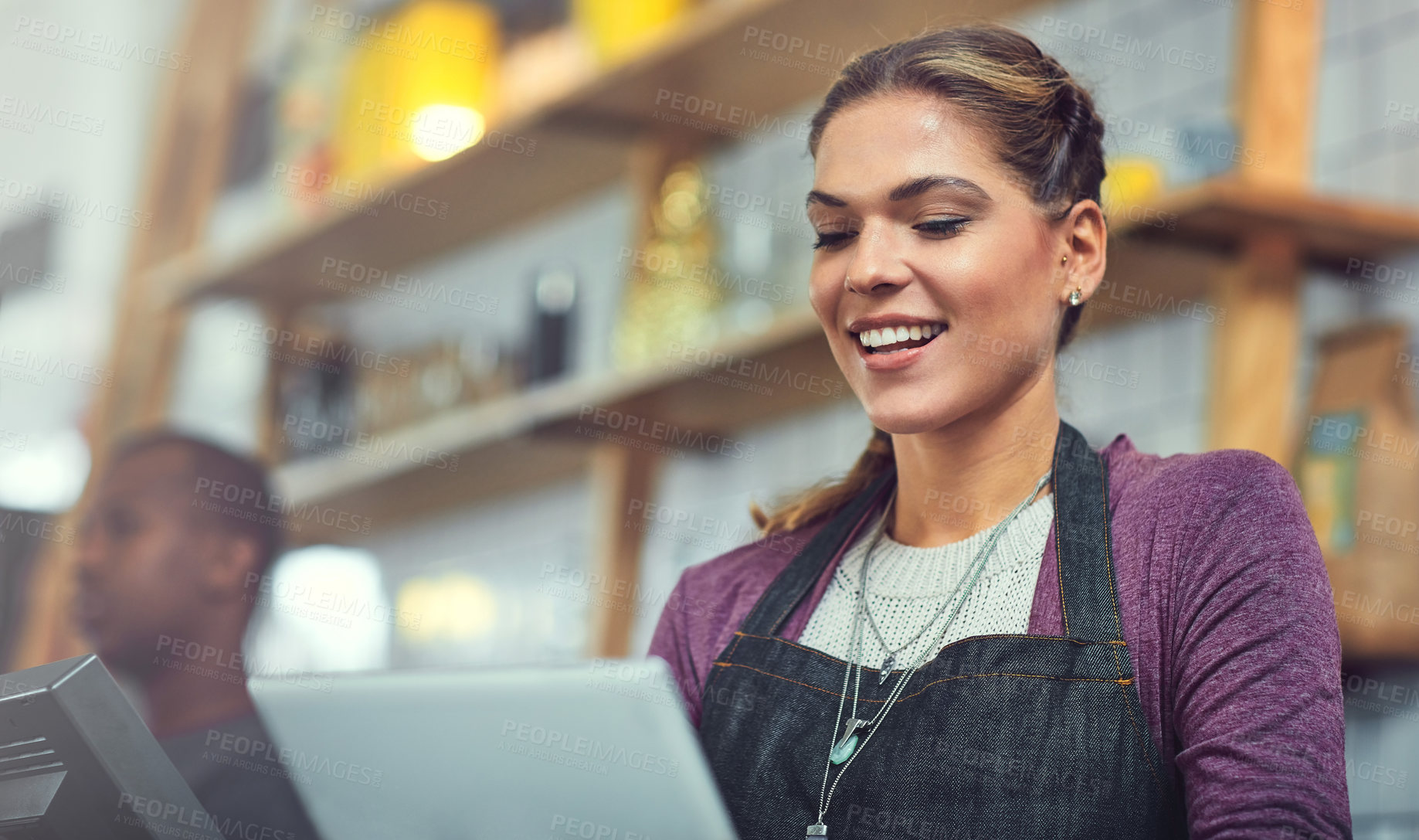 Buy stock photo Tablet, happy and woman barista in coffee shop for online menu update or stock control. Serving industry, cafe and female waitress with digital technology for inventory report in restaurant.