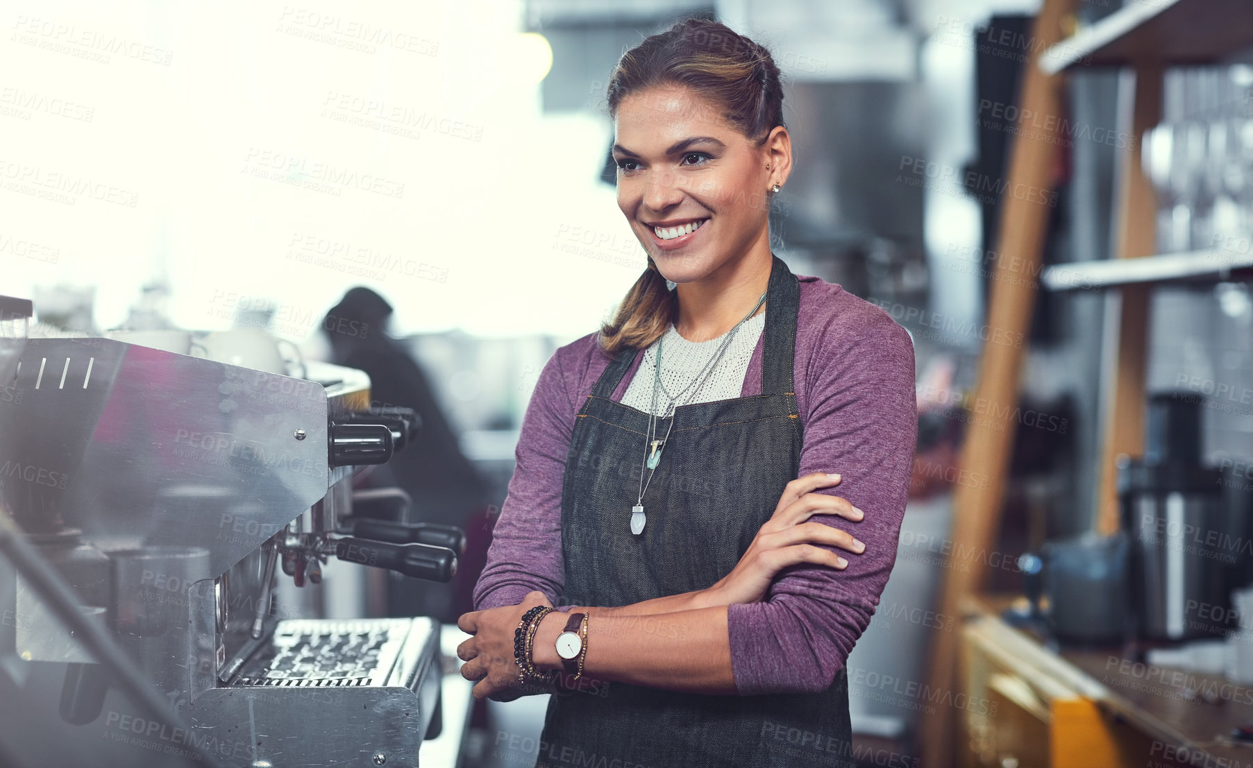 Buy stock photo Waiter, woman and thinking with arms crossed in cafe for customer service, welcome or hospitality. Small business manager, barista or thoughtful in coffee shop for startup growth, reflection or smile