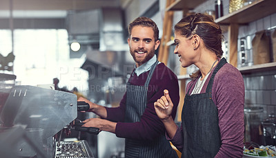 Buy stock photo Barista, people and coffee machine for service in cafe with teamwork, customer order and beverage server. Small business entrepreneur, waiter and happy with talking in bistro startup with preparation