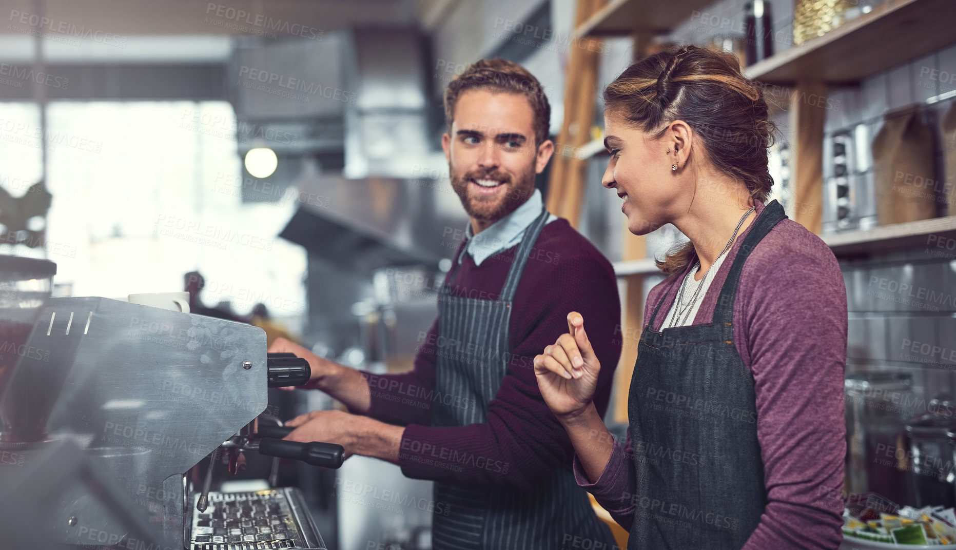 Buy stock photo Barista, people and coffee machine for service in cafe with teamwork, customer order and beverage server. Small business entrepreneur, waiter and happy with talking in bistro startup with preparation