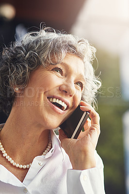 Buy stock photo Mature, talking and happy woman for phone call with communication, conversation and networking outdoor. Senior ceo, mobile and smile with discussion for deal negotiation and sales for business growth