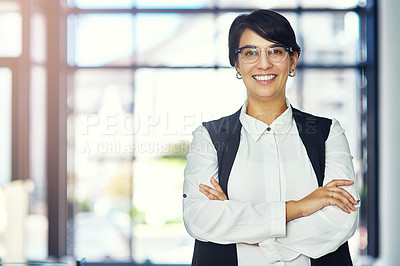 Buy stock photo Businesswoman, portrait and office with smile or confidence for career, advocate or attorney at law firm. Female lawyer, workplace or happiness with glasses at corporate job, justice at legal company