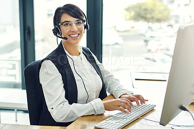 Buy stock photo Professional, portrait or businesswoman with microphone in office for job, service agent or happy. Career, female worker or consultant with smile, headset and computer for typing email in workplace