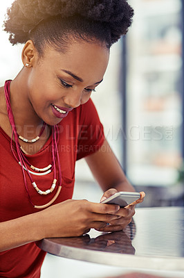 Buy stock photo Phone, smile and black woman texting at table, online browsing or internet in restaurant. Cellphone, happy and African female person networking, social media and web scrolling on mobile technology.