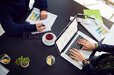 Buy stock photo Hands, laptop and meeting for plan with ideas, mindmap and team brainstorming for SEO project. Collaboration, research and information on flow chart, people and digital marketing strategy at startup