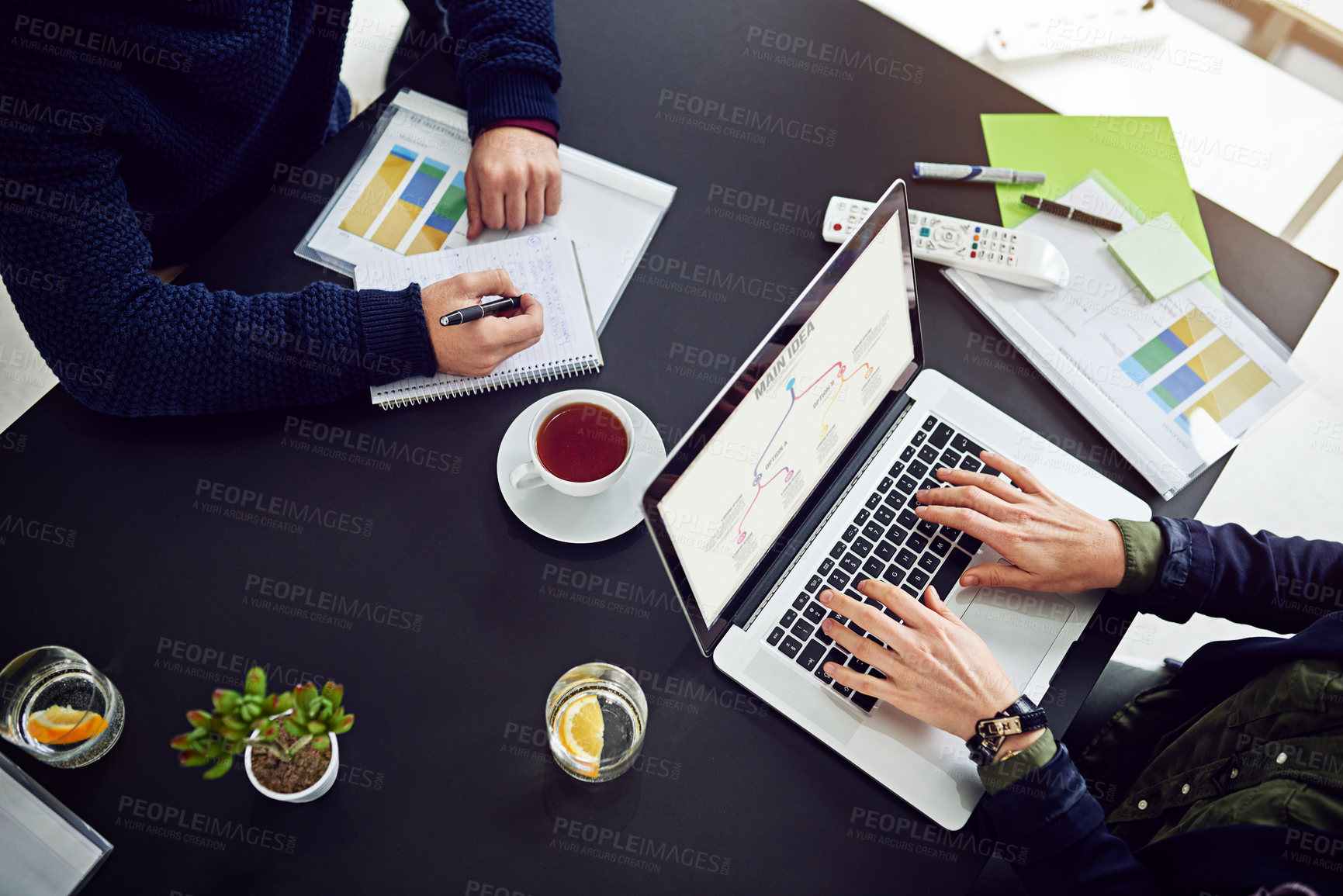 Buy stock photo Hands, laptop and meeting for plan with ideas, mindmap and team brainstorming for SEO project. Collaboration, research and information on flow chart, people and digital marketing strategy at startup