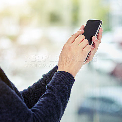 Buy stock photo Hands, typing and smartphone for social media, network and communication. Closeup, person and mobile technology for web, connection and internet for contact or live streaming outdoor using phone