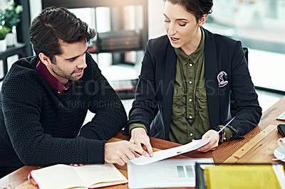 Buy stock photo Business people, meeting and documents for research or ideas, communication and teamwork with brainstorming. Corporate collaboration, paperwork with market stats and data analytics for discussion