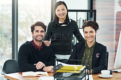 Buy stock photo Portrait, smile and team of business people in office for cooperation, solidarity or about us in creative startup. Face, happy group and collaboration of diverse staff, editor or coworking at desk
