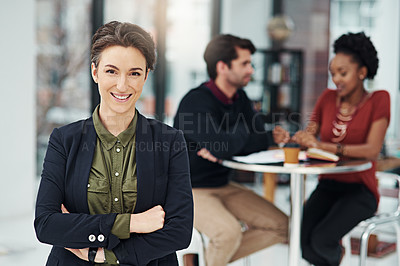 Buy stock photo Portrait, business woman and happy with arms crossed in office workplace. Face, confidence and female professional, entrepreneur or person with a smile, pride for career and leadership in company.