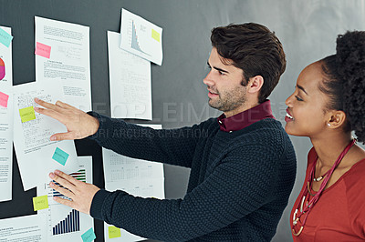Buy stock photo Business people, meeting and planning with documents on storyboard, sticky note and project timeline with teamwork. Corporate collaboration, discussion and paperwork for research, analysis and graphs