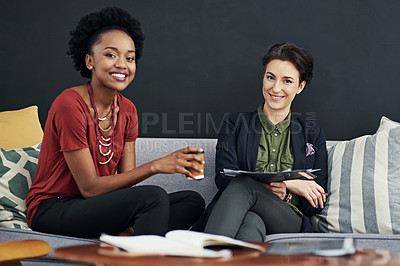 Buy stock photo Woman, smile and teamwork in sofa with planning for meeting on brainstorming and collaboration for project. Graphic designer, discussion and portrait in startup company for report and feedback