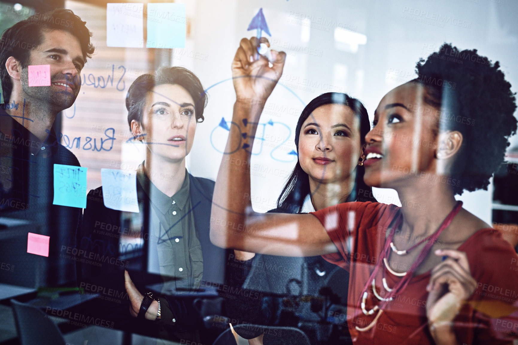 Buy stock photo Planning, brainstorming and business people with ideas on a board for schedule in a meeting. Teamwork, office and diversity of group of employees writing a strategy, notes or a plan for collaboration