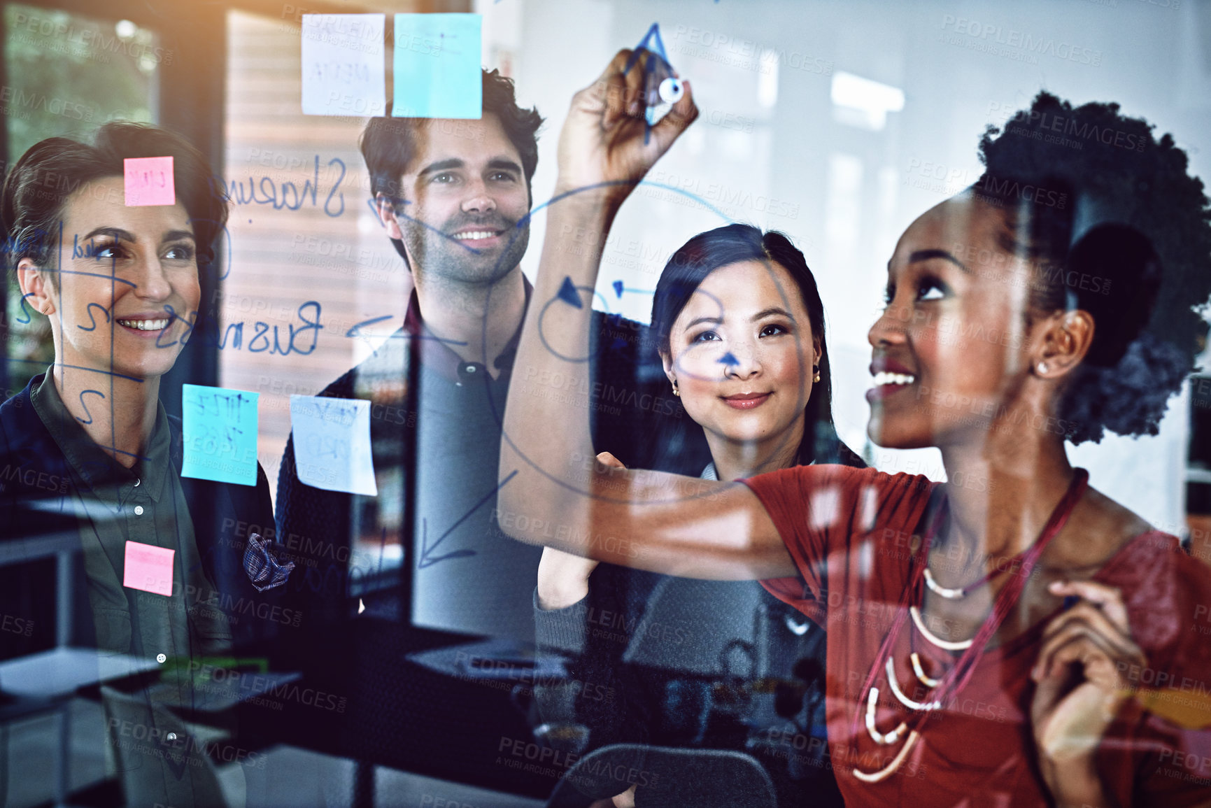 Buy stock photo Planning, happy and business people with a goal on a board for schedule in a meeting. Our vision, office and diversity of group of employees writing strategy, sticky note or a plan for collaboration