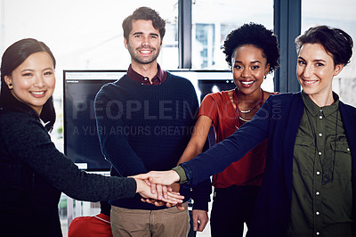 Buy stock photo Portrait, meeting or business people with hands in stack for mission goals, collaboration or teamwork. Diversity, community or employees in cooperation with support, solidarity or group motivation