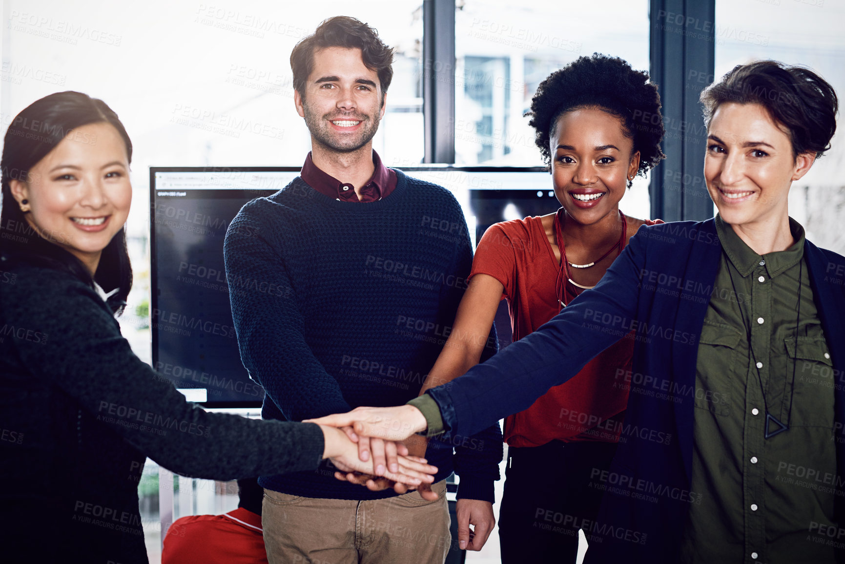 Buy stock photo Portrait, meeting or business people with hands in stack for mission goals, collaboration or teamwork. Diversity, community or employees in cooperation with support, solidarity or group motivation