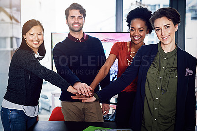 Buy stock photo Portrait, diversity or business people with hands in stack for mission goals, collaboration or teamwork. Realtors, community or real estate agents in cooperation with support, pride or motivation 