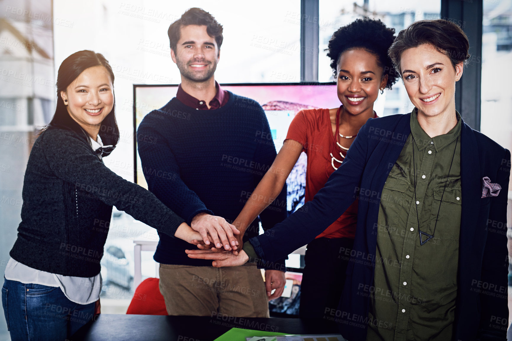 Buy stock photo Portrait, diversity or business people with hands in stack for mission goals, collaboration or teamwork. Realtors, community or real estate agents in cooperation with support, pride or motivation 