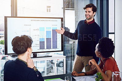 Buy stock photo Business people, salesman or screen for presentation, education or training data in meeting. Graphs, financial coaching or speaker teaching an audience on leadership on monitor in workshop or speech