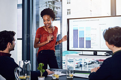 Buy stock photo Business people, saleswoman or screen for presentation, education or training data in meeting. Graphs, financial coaching or speaker teaching audience on charts stats on monitor in workshop or speech