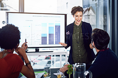 Buy stock photo Business people, saleswoman or monitor for coaching, graphs or training data in meeting. Education, financial presentation or speaker teaching audience on charts stats on screen in workshop or speech