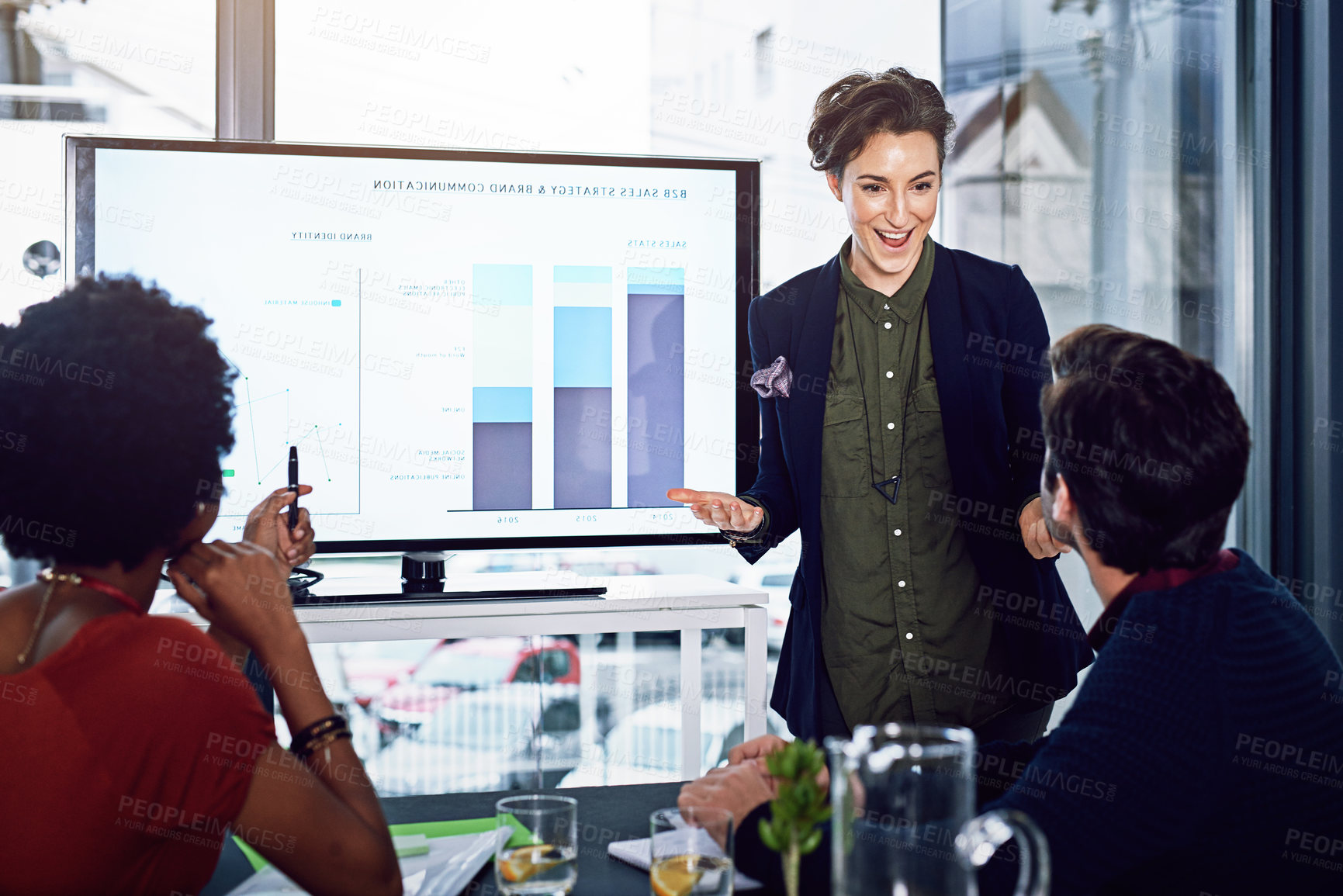 Buy stock photo Business people, saleswoman or monitor for coaching, graphs or training data in meeting. Education, financial presentation or speaker teaching audience on charts stats on screen in workshop or speech