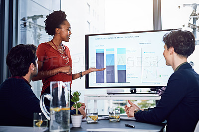 Buy stock photo Business people, saleswoman or monitor for presentation, education or training data in meeting. Graphs, financial coaching or speaker teaching audience on charts stats on screen in workshop or speech