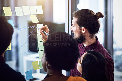 Buy stock photo Businessman, glass and writing for training in office, teamwork and idea for solution. Colleagues, male person and feedback for problem solving, support and coaching for project or brainstorming