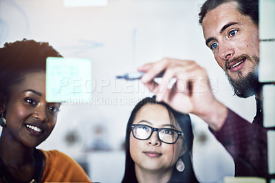 Buy stock photo Business people, glass and writing notes for vision in office, teamwork and seo idea for solution. Colleagues, coaching and diversity for problem solving, support and speaking for project brainstorm