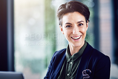 Buy stock photo Woman, portrait and happiness in workplace for agency, creative and startup company. Professional, female person and fashion designer in office for working, creating and pride in small business.