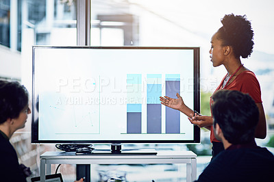 Buy stock photo Business people, woman or monitor for data, graphs or training education in sales meeting. Talk, financial presentation or speaker teaching audience on charts stats on screen in coaching or workshop