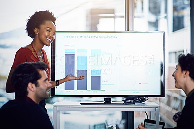 Buy stock photo Cropped shot of a young businesswoman giving a presentation in the boardroom