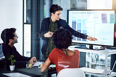 Buy stock photo Business people, woman or screen for talking, graphs or training data in sales education. Meeting, financial presentation or advisor teaching on charts stats or growth on monitor in coaching speech