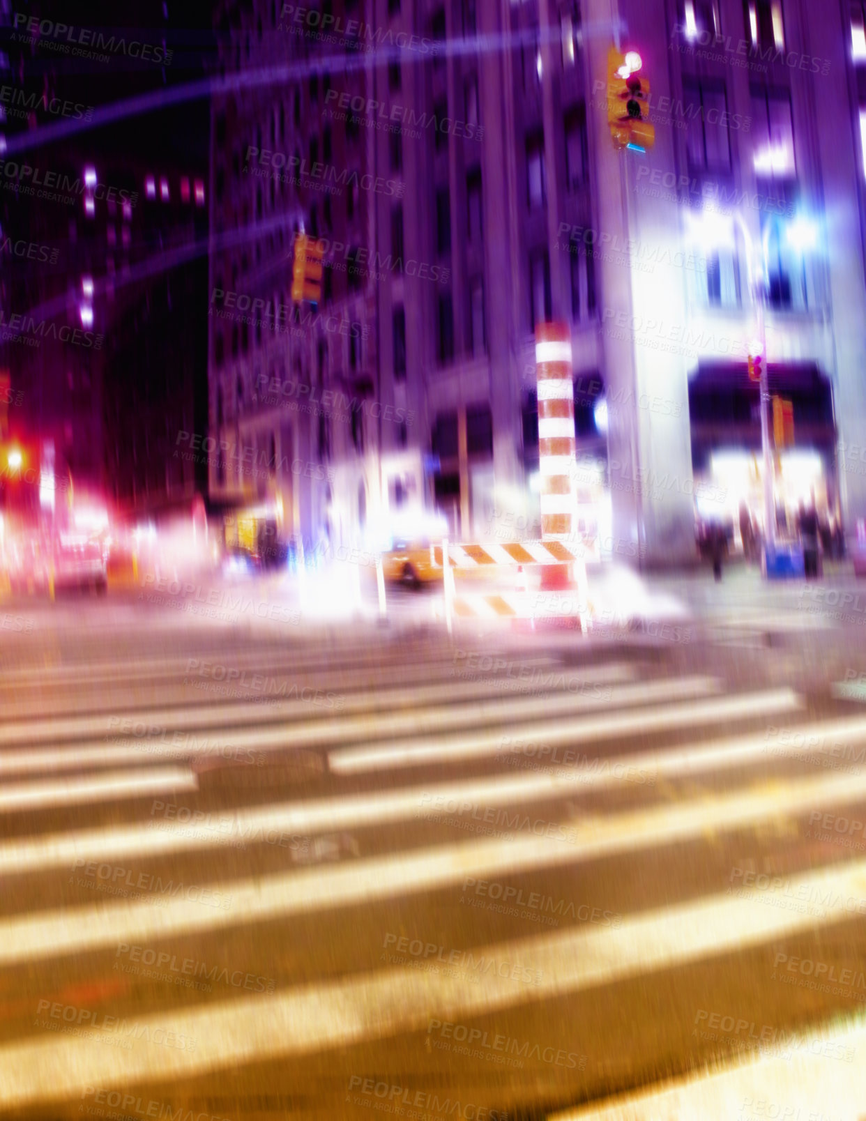 Buy stock photo City, traffic and buildings at night for travel with transport speed, street lights and pedestrian crossing. Empty road, infrastructure commute and environment glow, blur and urban skyline outdoor